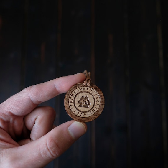 Valknut Odin Amulet Pendant. Made from Solid Wood. Round Shape, Brown Color, Adjustable Cord.
