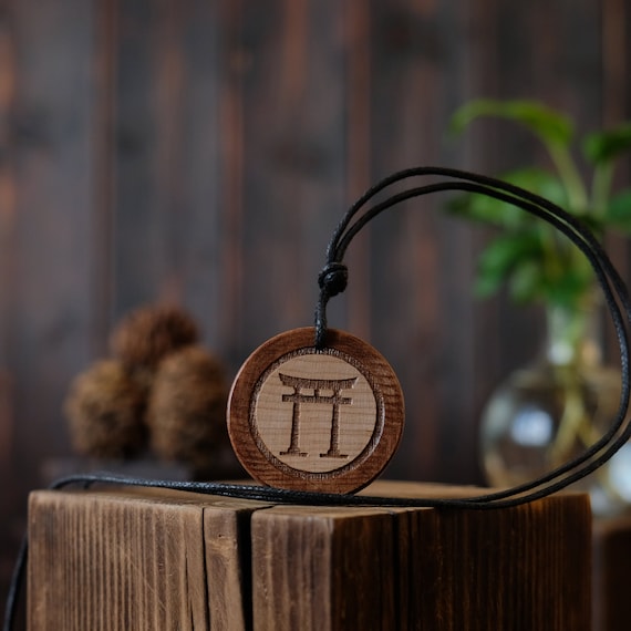 Torii Gate Necklace/Pendant, Round Solid Wood.  Japanese symbol. Shinto Necklace. Shintoism Jewelry.