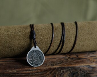 Roman Eagle Titanium Pendant — Ancient Rome, Leather Cord, Brass Beads