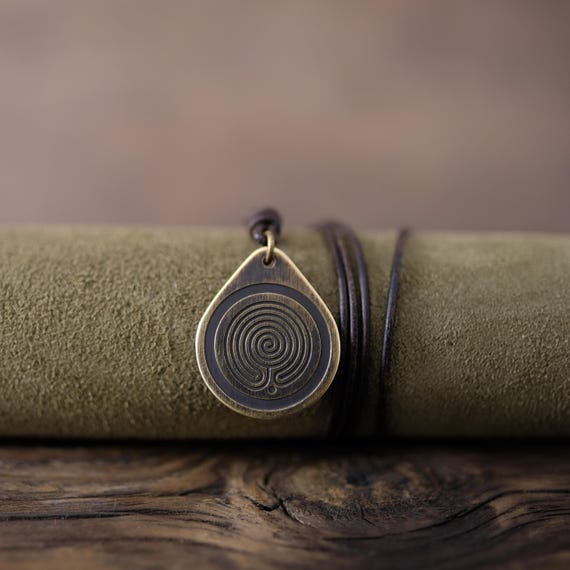 Celtic Labyrinth Necklace/Pendant. Made from Solid Brass with Adjustable/Sliding Leather Cord.