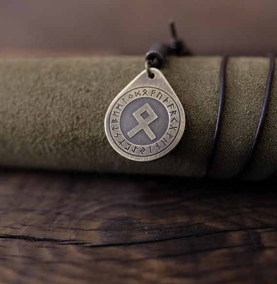 Nordic Runes- Elder Futhark Necklace/Pendant. Made from Solid Brass with Adjustable/Sliding Leather Cord.