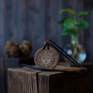 Sun Symbol Necklace/Pendant, Round Solid Wood. Solar Symbol Jewelry, Sun Charm, Sun Symbol Jewelry.
