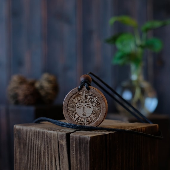Sun Symbol Necklace/Pendant, Round Solid Wood. Solar Symbol Jewelry, Sun Charm, Sun Symbol Jewelry.