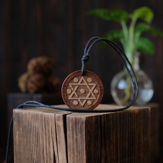 Necklace Pendant Seal of Solomon Solid Wood Necklace-Kabbalah Jewelry-King Solomon Pendant- Hebrew Pendant.