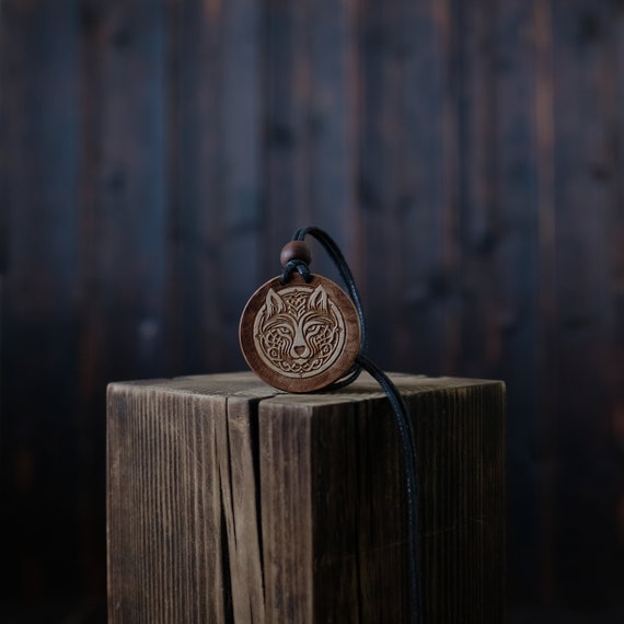 Celtic Style Wolf Wooden Necklace/Pendant. Made from solid sycamore wood. Round shape. Brown color. Adjustable cotton cord.