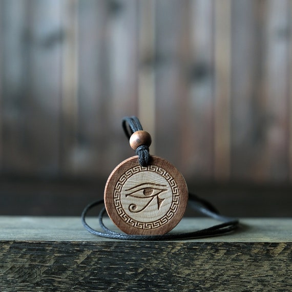 Wood Necklace-Egyptian Necklace,Eye of Horus Pendant, Eye of Ra Necklace, Egyptian Jewelry, Carved from Solid Sycamore Wood.