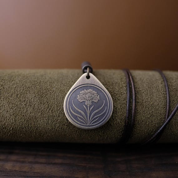 Carnation Flower Necklace/Pendant. Made from Solid Brass with Adjustable/Sliding Leather Cord.