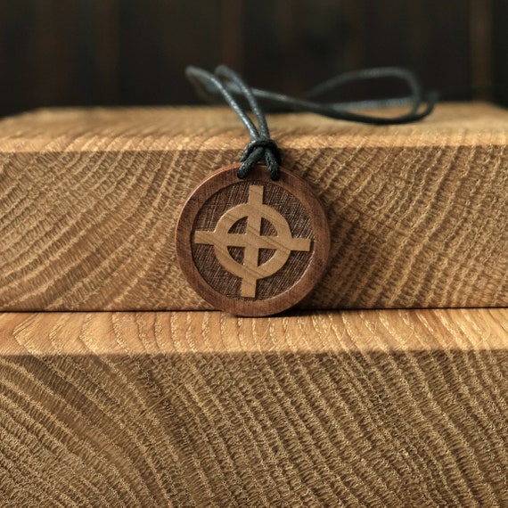 Sun Cross Necklace/Pendant, Round Solid Wood. Solar Cross Symbol Jewelry, Sun Cross Wooden Pendant. Celtic Cross.