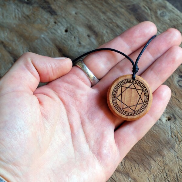 Wood Necklace-Heptagram or Seven Pointed Stars. Handmade Pendant Carved From Solid Beech Wood & Burned.