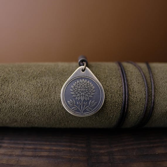 Chrysanthemum Flower Necklace/Pendant. Made from Solid Brass with Adjustable/Sliding Leather Cord.