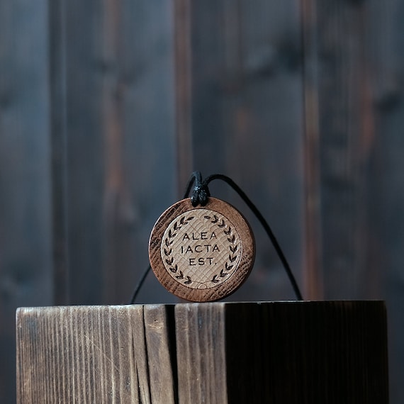 Alea Iacta Est Necklace. This Round Handmade Wooden Brown Necklace/Pendant Made From Solid Wood.