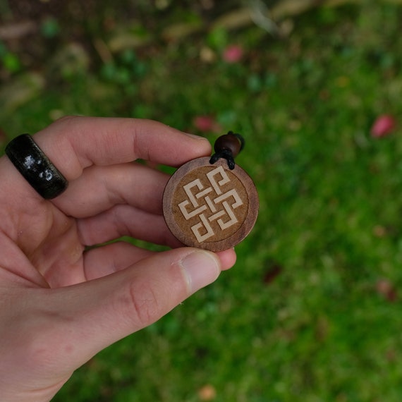 Wooden Endless Knot Necklace/Pendant. Buddhism, Hinduism, Celtic Culture Symbol. Made from Solid Sycamore Wood. Adjustable Neck Cord.