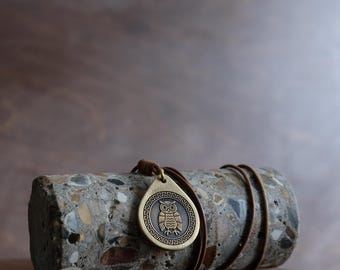 Brass Owl Pendant – Greek Key Medallion on Leather Cord – Handcrafted Wisdom Necklace