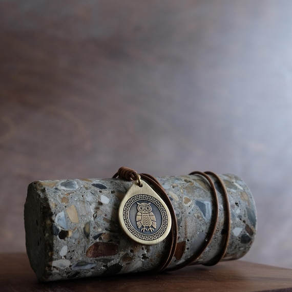 Brass Owl Pendant – Greek Key Medallion on Leather Cord – Handcrafted Wisdom Necklace