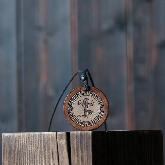 Ancient Greek Hercules or Heracles Necklace. This Round Handmade Wooden Brown Necklace/Pendant Made From Solid Wood.