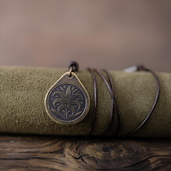Lily Flower Necklace/Pendant. Made from Solid Brass with Adjustable/Sliding Leather Cord.