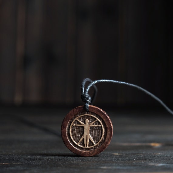 Vitruvian Man Necklace-Leonardo da Vinci Symbol Necklace. Made from Solid Wood.