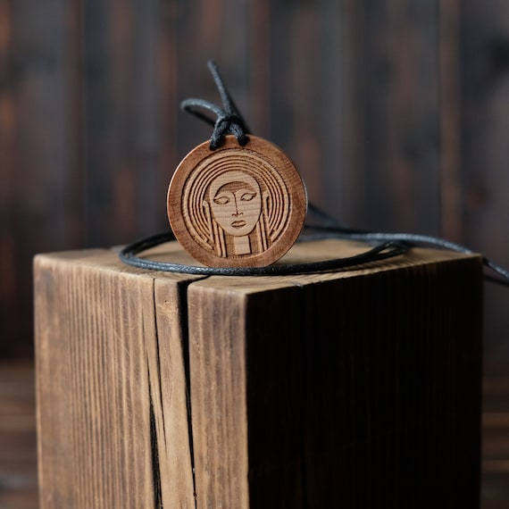Celtic Goddess Danu, Round Solid Wood. Celtic mythology necklace. Celtic wooden pendant. Celtic folklore jewelry. Water Goddess