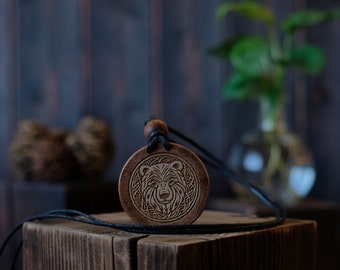 Celtic Bear Sycamore Wood Pendant, Adjustable Cotton Cord