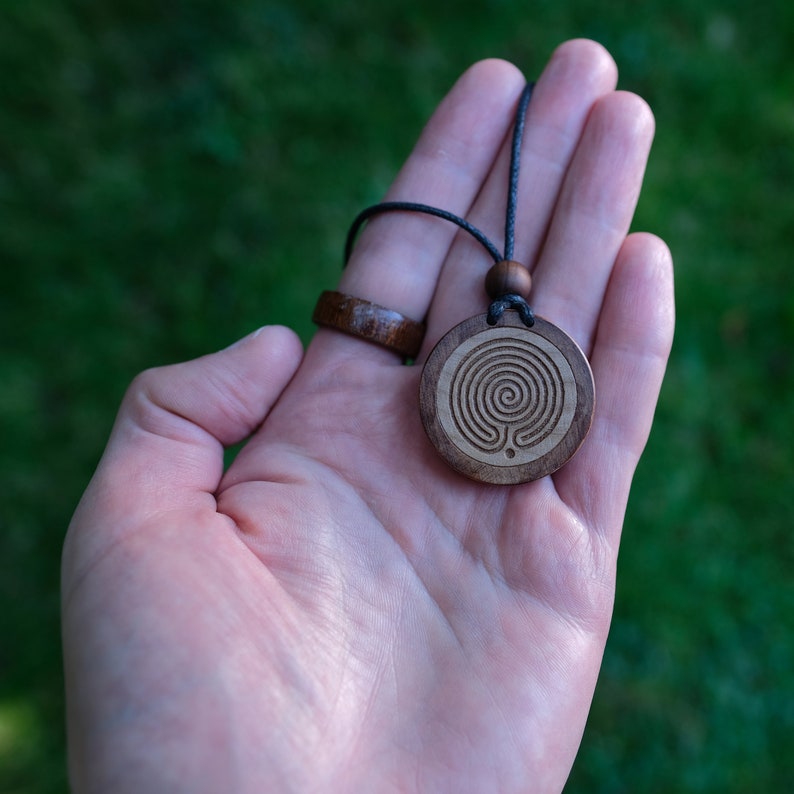 Labyrinth Charm Sycamore Wood Labyrinth Pendant Necklace, Adjustable Cord - Etsy