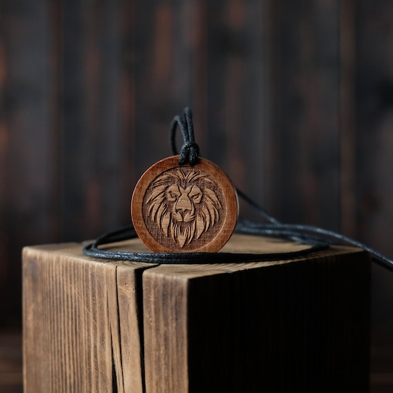 Lion Necklace/Pendant, Round Solid Wood. Lion Head Jewelry. Lion Spirit Animal.