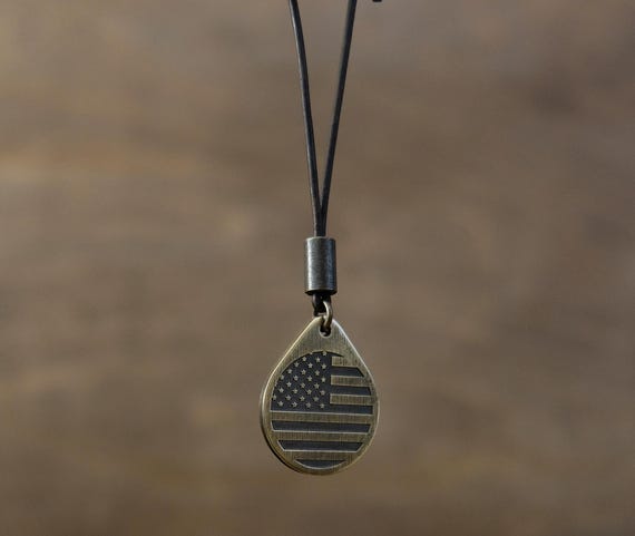 USA Flag Necklace/Pendant. Made from Solid Brass with Adjustable/Sliding Leather Cord.