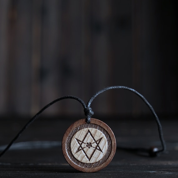Wood Necklace-Thelema Symbol Pendant, Unicursal Hexagram Woodn Pendant, Hermeticism Solid Wood Necklace.