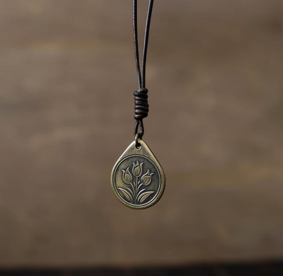 Tulip Necklace/Pendant. Made from Solid Brass with Adjustable/Sliding Leather Cord.