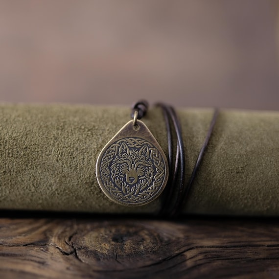 Celtic Wolf Necklace/Pendant. Made from Solid Brass with Adjustable/Sliding Leather Cord.