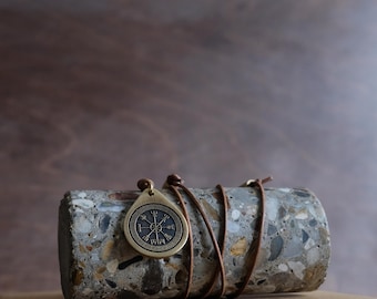 Brass Vegvisir Pendant - Norse Viking Compass Necklace, Handcrafted Nordic Jewelry With Adjustable/Sliding Leather Cord.