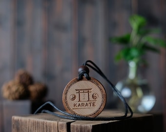 Wood Necklace-Karate Pendant, Martial Art Necklace, Japanese Martial Art, Carved from Solid Sycamore Wood. Gift for Karate Fighter.