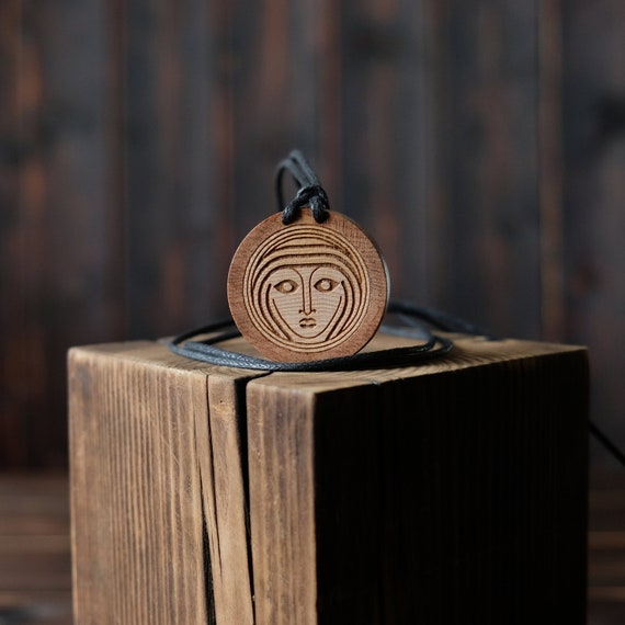 Frigg Goddess Wooden Necklace , Round Solid Wood. Nordic/Norse Mythology Necklace. Frigg Goddess Necklace/Pendant.