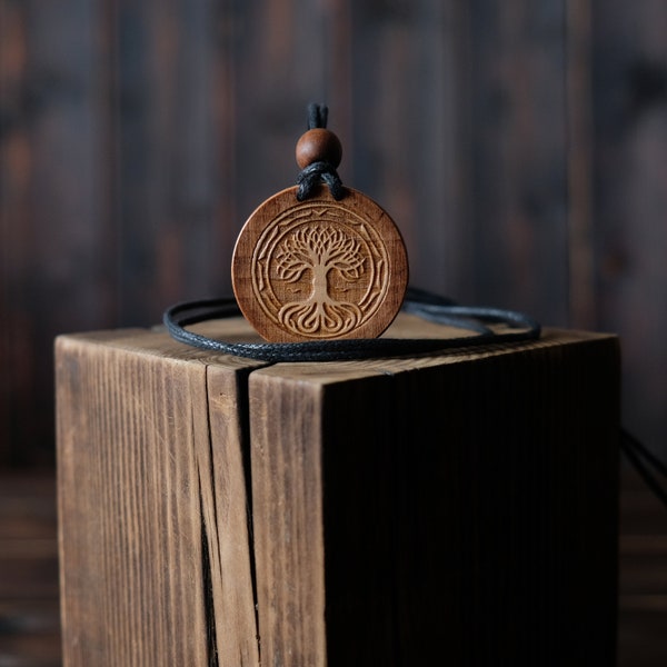 Tree of Life Wooden Necklace/Pendant. Made from solid sycamore wood. Round shape. Brown color. Adjustable cotton cord. Text customization.