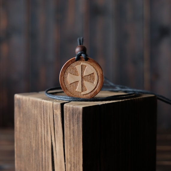 Templar Cross Necklace/Pendant, Round Solid Wood.  Cross of the Knights Templar.  Christian Symbol.
