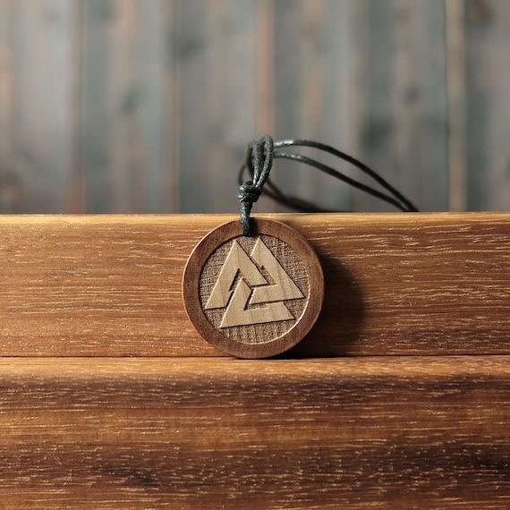 Valknut Necklace/Pendant, Round Solid Wood. Norce necklace.  Viking Symbol.