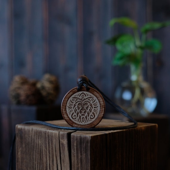 Tribal Style Lion Necklace/Pendant, Round Solid Wood. Lion Head Jewelry. Lion Spirit Animal.