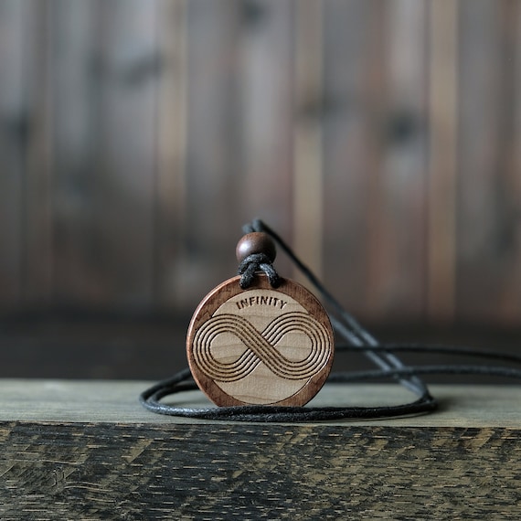 Infinity Symbol Necklace/Pendant. Made from solid sycamore wood. Round shape. Brown color. Adjustable cotton cord. Text customization.