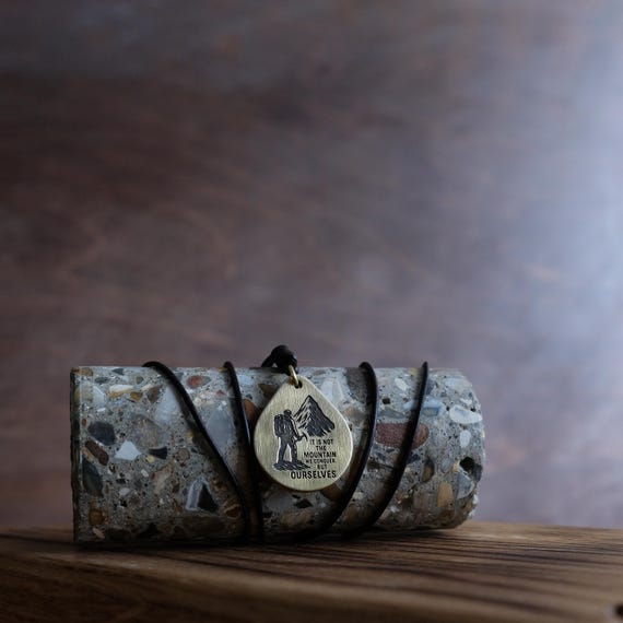 Brass Mountain Pendant | “We Conquer Ourselves” Quote by Edmund Hillary | Hiking Necklace | Adjustable Leather Cord | Gift for Him