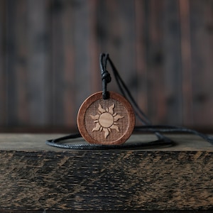 Sun Symbol Necklace/Pendant, Round Solid Wood. Solar Symbol Jewelry, Sun Charm, Sun Symbol Jewelry.
