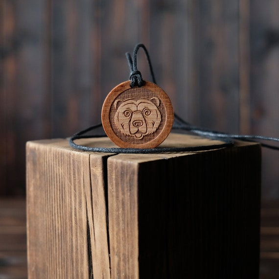Bear Necklace/Pendant, Round Solid Wood. Bear Head Jewelry. Bear Spirit Animal.