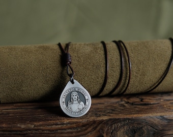 Jesus Christ Titanium Pendant — Salvator Mundi, Leather Cord, Brass Beads
