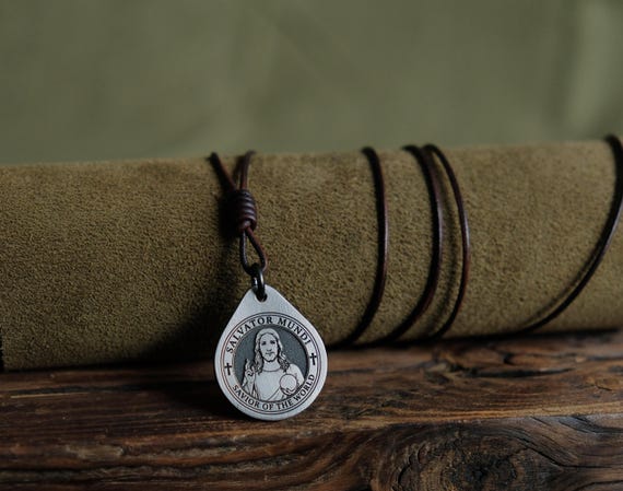 Jesus Christ Titanium Pendant — Salvator Mundi, Leather Cord, Brass Beads