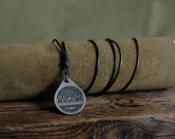 Last Supper Titanium Pendant — Eucharist, Leather Cord, Brass Beads