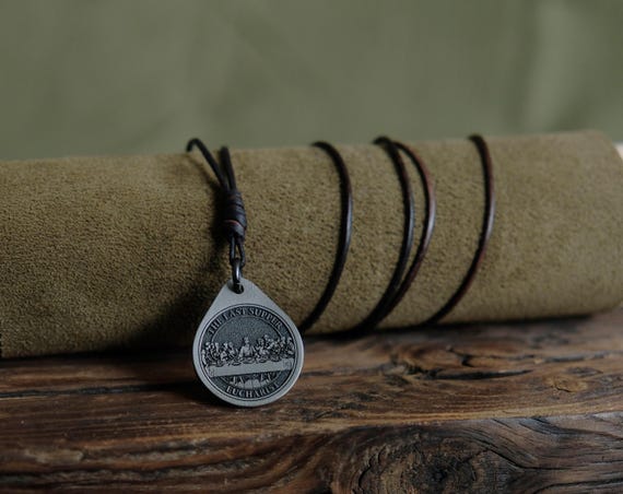 Last Supper Titanium Pendant — Eucharist, Leather Cord, Brass Beads