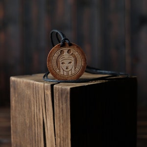 Freya Goddess Wooden Necklace , Round Solid Wood. Nordic/Norse Mythology Necklace. Freya Goddess Necklace/Pendant.