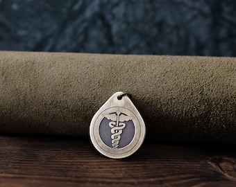 Caduceus Necklace/Pendant. Made from Solid Brass with Adjustable/Sliding Leather Cord.