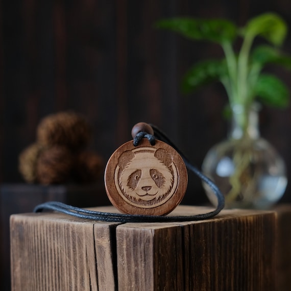 Panda Necklace/Pendant. Made from solid sycamore wood. Round shape. Brown color. Adjustable cotton cord. Text customization.