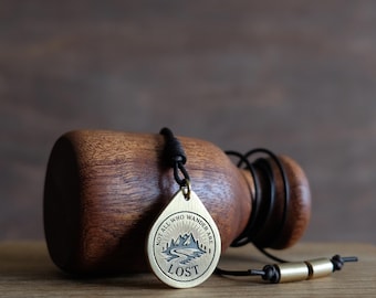 Not All Who Wander Are Lost” Brass Necklace | Adventure Pendant | Teardrop Solid Brass Jewelry | Adjustable Leather Cord | Hiker Gift