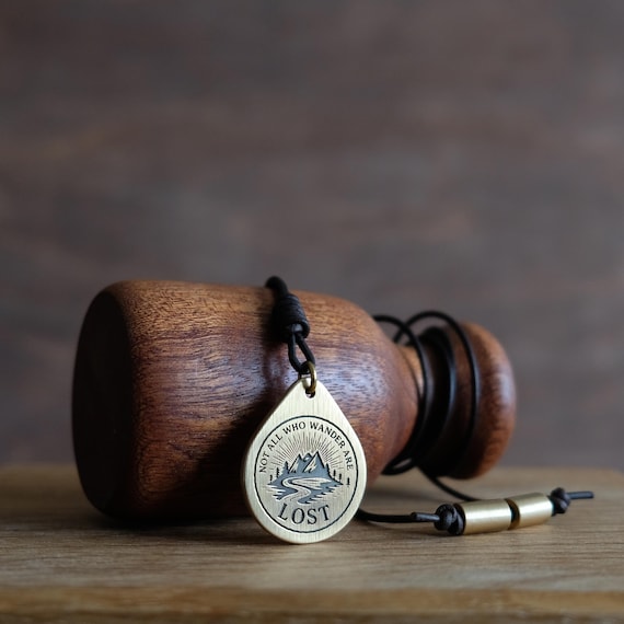 Not All Who Wander Are Lost” Brass Necklace | Adventure Pendant | Teardrop Solid Brass Jewelry | Adjustable Leather Cord | Hiker Gift