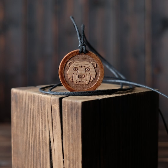 Bear Necklace/Pendant, Round Solid Wood. Bear Head Jewelry. Bear Spirit Animal.